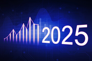 Concept of 2025 business growth goals, investment profit chart in futuristic glowing low polygonal style on dark blue background. New Year vision, plan