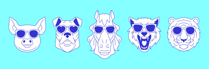 Y2k comic animal portrait in sunglasses contemporary pop art line icon set vector flat illustration. Funky pig horse tiger wolf and dog head wearing stylish summer eyeglasses fashion concept