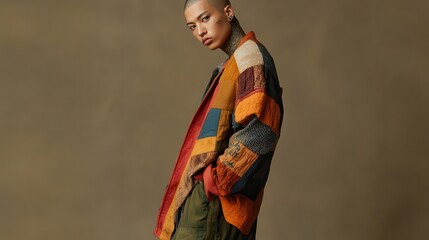 Obraz premium An Asian man poses confidently in a vibrant patchwork jacket and baggy pants, exuding a modern, artistic vibe in an indoor space
