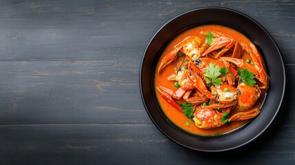A vibrant bowl of spicy crab dish garnished with fresh herbs, perfect for food photography and culinary art.