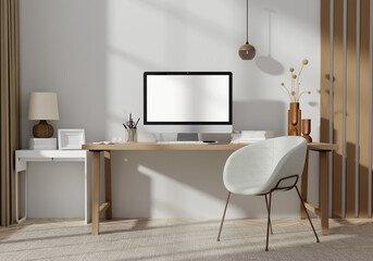 Fototapeta premium Elegant Office Desk with Computer and Chair - Professional Workspace 3D rendering