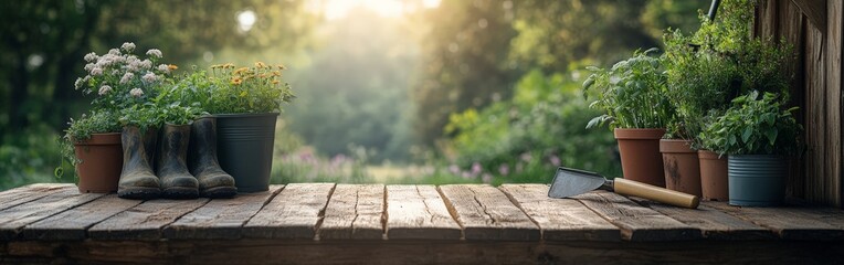 Gardening Tools Neatly Arranged on an Old Wooden Table