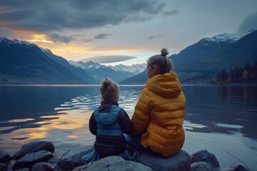 Minimalist scene  mother and daughter watching sunset by lake on rock with soft warm glow