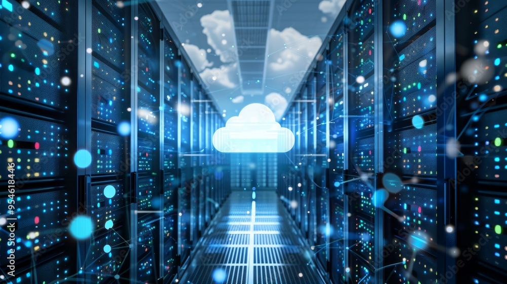 Aufkleber server room cloud computing. big data storage, network security, digital transformation.