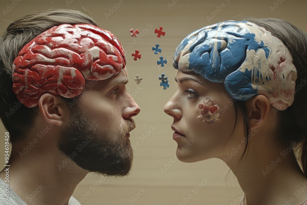 Aufkleber responsive mirror neurons side profiles of a couple with puzzle pieces forming their brains symboliz