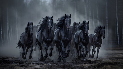 A heard of black horses are running and galloping
