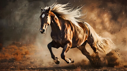 The bay horse gallops with mud and dust