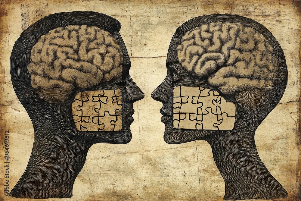 Poster plastic mirror neurons vintage illustration of two mechanical heads with puzzle pieces symbolizing t