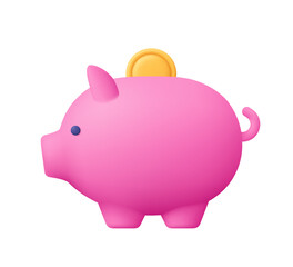 Piggy bank with falling coin. Money saving, banking, finance, economy, investment concept. 3d vector icon. Cartoon minimal style.