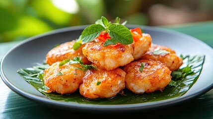 Fototapeta premium Delicious shrimp cakes served on a plate, garnished with fresh herbs and chilies, perfect for culinary delights.