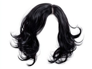 Wavy Shag Cut Deep Black Wig Isolated On White Background, Perfect For Retro Hair Trends, Vintage Fashion Editorials, And Textured Hair Product Promotions . Generative ai