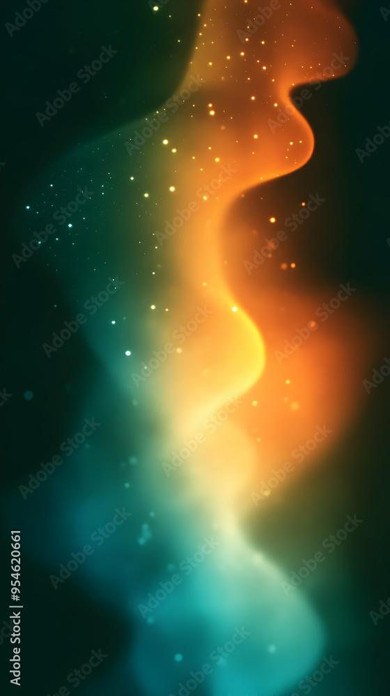 Poster abstract green and orange gradient background with glowing particles.