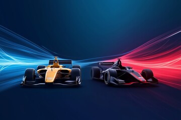Two sleek racing cars with vibrant light trails on dark background. Motorsport technology concept