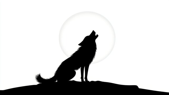 A silhouette of a wolf howling at a large moon against a plain background.