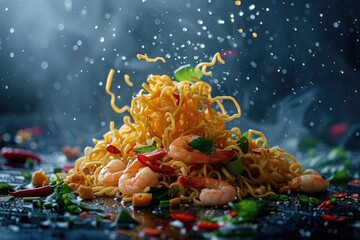 Close up of noodles with shrimp. Perfect for advertising or illustrating delicious Asian cuisine.