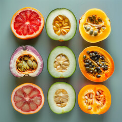 Fresh colorful autumn vegetables, fruits, sliced on a gray wooden table