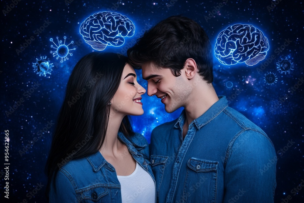 Poster attentive social cognition happy couple with glowing brain illustrations symbolizing the joy of shar