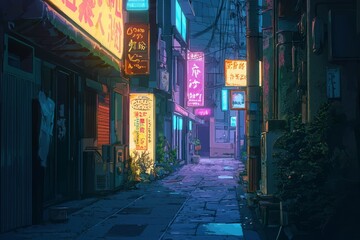 Fototapeta premium A calm urban alleyway with gently glowing neon advertisements. Cozy vibe, Generative AI