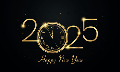 2025 Happy New Year Vector Background Design with Golden Clock and Sparkling Lights. Suitable for Greeting Card, Banner, Poster, template etc