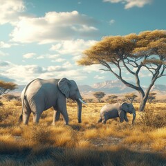 Fototapeta premium A serene landscape featuring an adult elephant and its calf under a vast sky, framed by iconic acacia trees in golden grasslands.