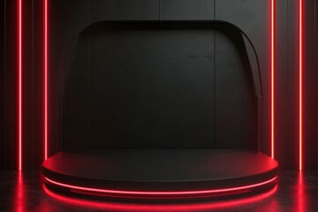 3D rendered black product stand with red neon lights with generative ai