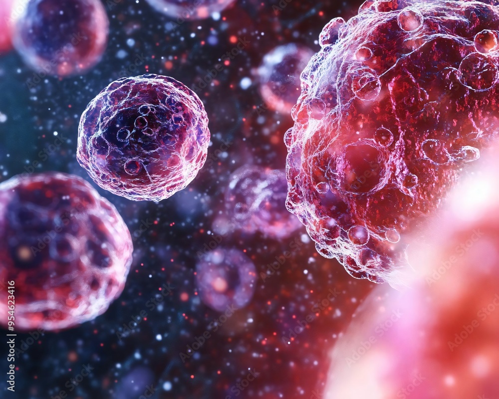 Poster a close-up view of colorful cells in a microscopic setting, showcasing intricate details and vibrant