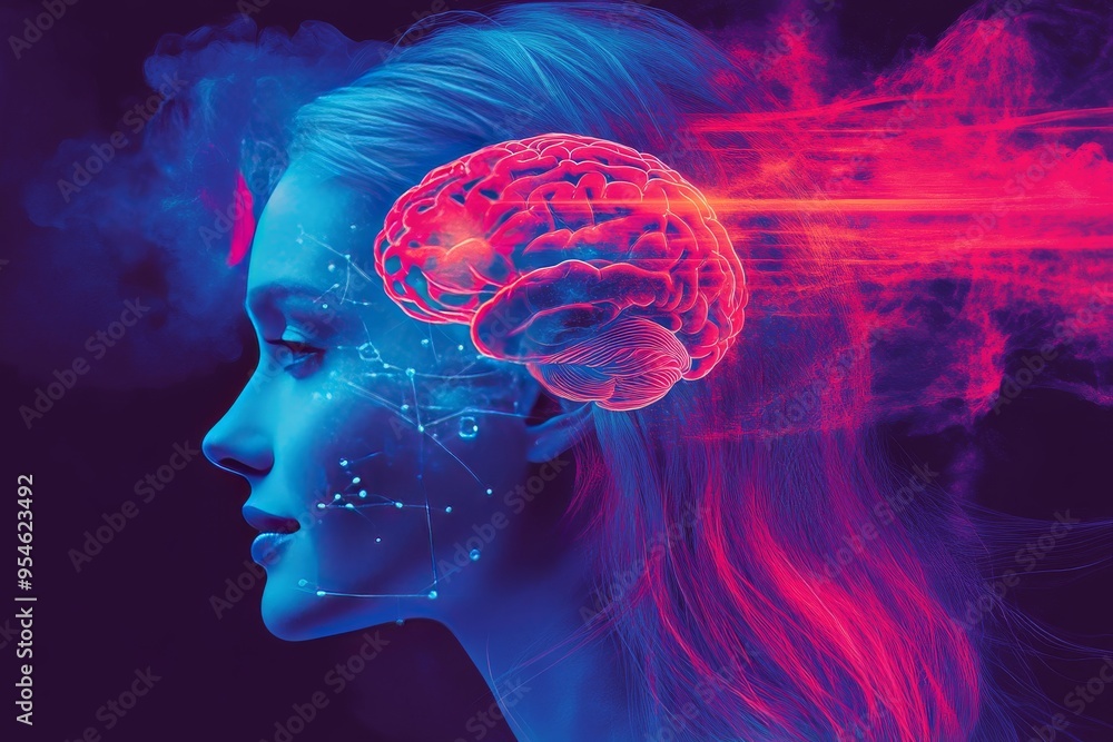 Poster evaluative social cognition abstract portrait of a woman with red and blue glowing neural patterns s