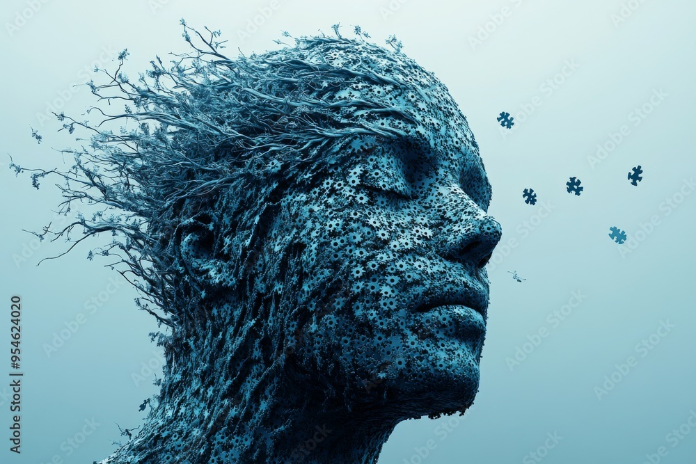 Poster calculative social cognition artistic depiction of a dissolving head with a cloud like brain symboli