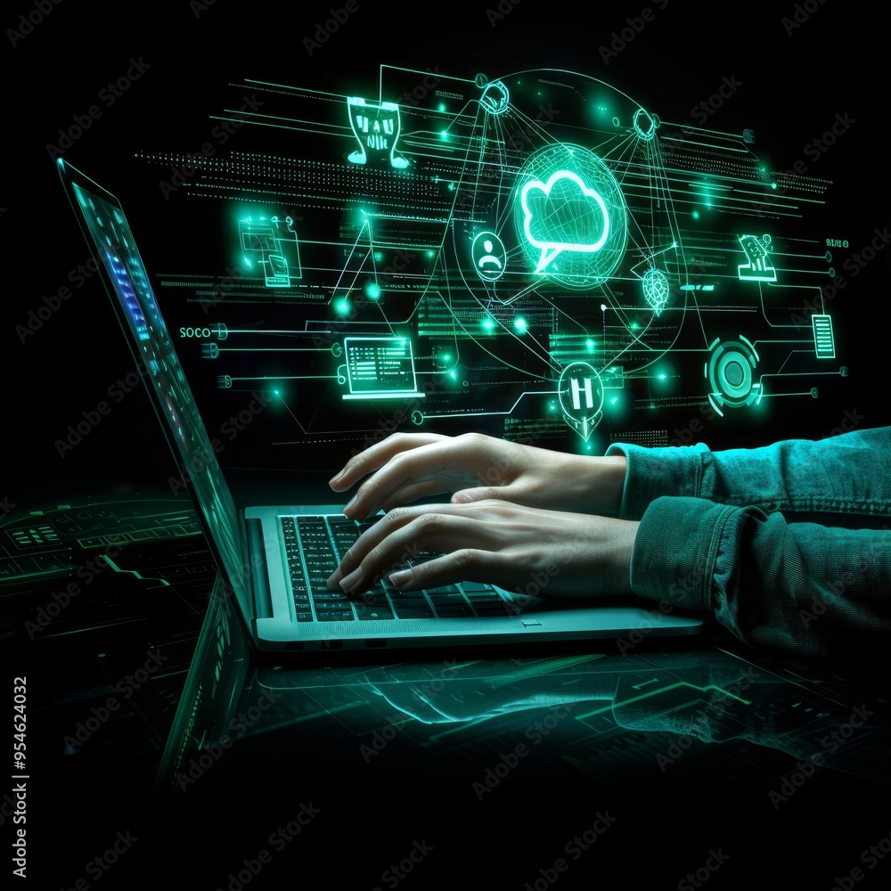 Poster person working on laptop with holographic projections of cloud computing and data management icons