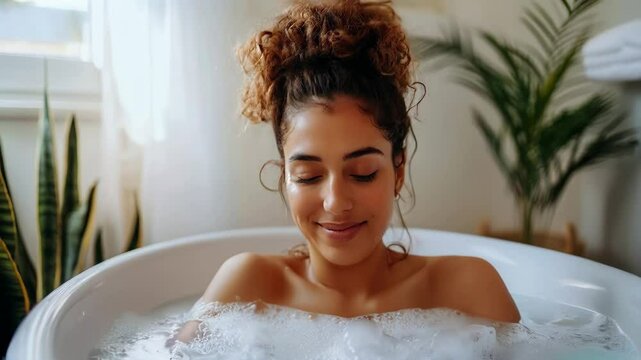 Young woman relaxing in a bubbly bathtub