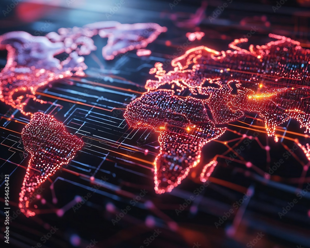 Poster abstract world map with glowing red lines, representing global connectivity and digital network tech
