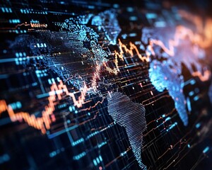 An abstract representation of a world map featuring digital data and financial trends, ideal for technology and finance themes.