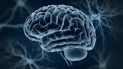 3D rendering of a human brain in side view, top half facing right, dark blue background with white radiating lines, brain with neuron network