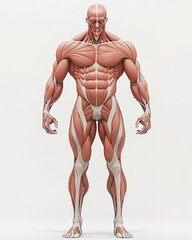 An illustration of the human body with muscles showing, viewed from above in full length against a white background. 