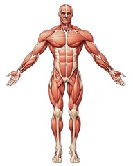 An illustration of the human body with muscles showing, viewed from above in full length against a white background. 