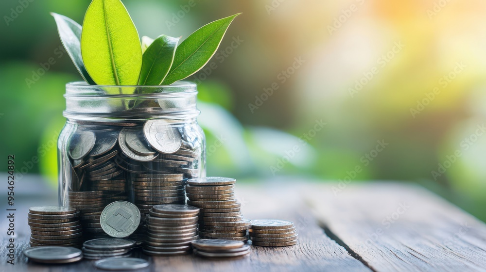 Wall mural a vibrant image showcasing a jar of coins with green leaves, symbolizing growth, savings, and financ