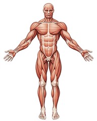 An illustration of the human body with muscles showing, viewed from above in full length against a white background. 