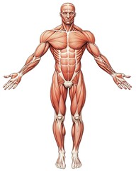 An illustration of the human body with muscles showing, viewed from above in full length against a white background. 