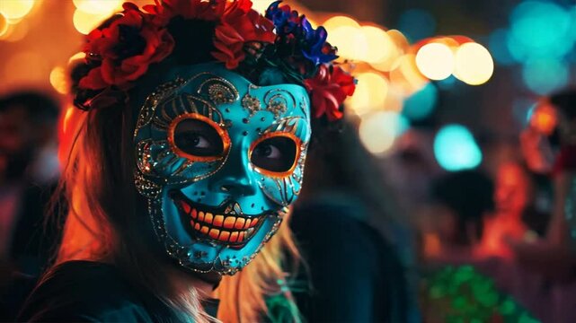 Colorful Dia de los Muertos celebration with vibrant costumes and skull masks in a lively, festive atmosphere.