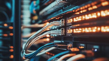 Naklejka premium Network equipment with interconnected wires, including network switches and showcasing structured cabling systems for data storage and transmission from a system administrator's perspective. 