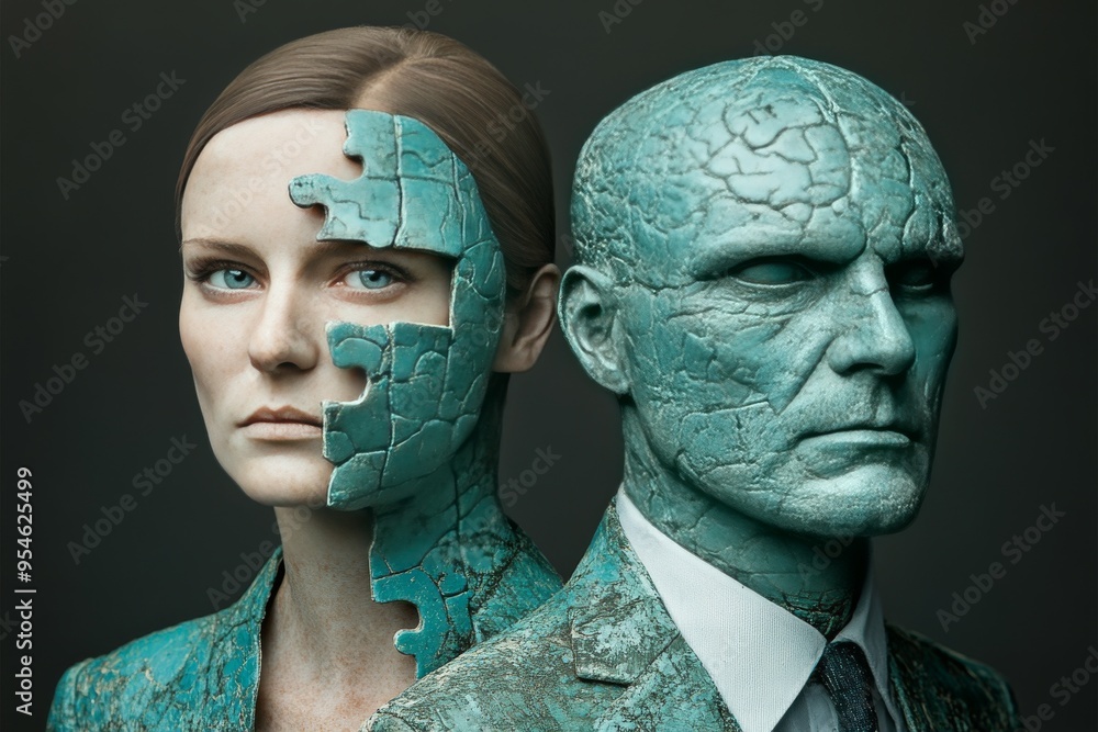 Poster dynamic social cognition split faced mechanical portrait symbolizing the duality of human thought an