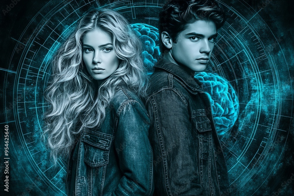 Poster tech social cognition futuristic couple with digital brain overlays symbolizing the integration of t