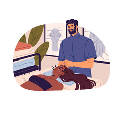 Acupuncture treatment in clinic. Doctor does traditional oriental massage of face to young woman. Girl cares about skin with medical beauty procedures. Flat isolated vector illustration on white