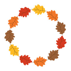 Autumn oak leaves round Frame. Doodle Leaf round multicolored background. Cute hand drawn foliage illustration with copy space for text. Template for card, invitation, banner, poster.