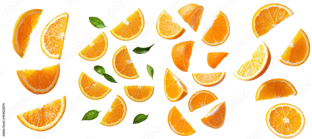 Poster slice of orange falling on white background, full depth of field