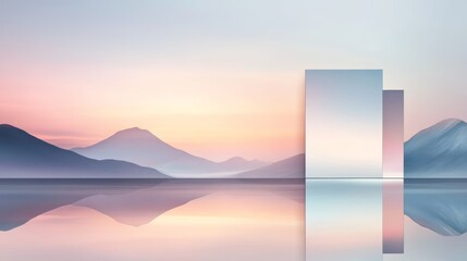 Surreal landscape with mirrored mountains at sunset