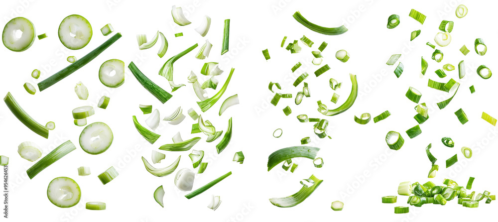 Poster the image is of a falling chopped green onion captured in full depth of field against a white backgr