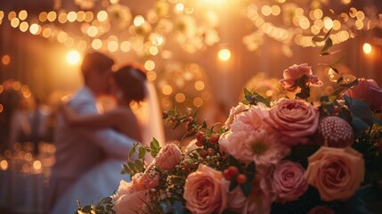 Wedding Reception: A sophisticated evening event with guests seated at tables draped in white, surrounded by flowers, as the newlyweds share their first dance under sparkling lights.
