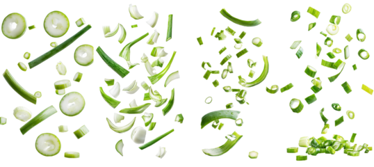 The image is of a falling chopped Green Onion captured in full depth of field against a white background