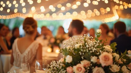 Wedding Reception: An elegant evening in a grand ballroom with tables draped in white linens, floral arrangements, and newlyweds dancing under twinkling lights.
